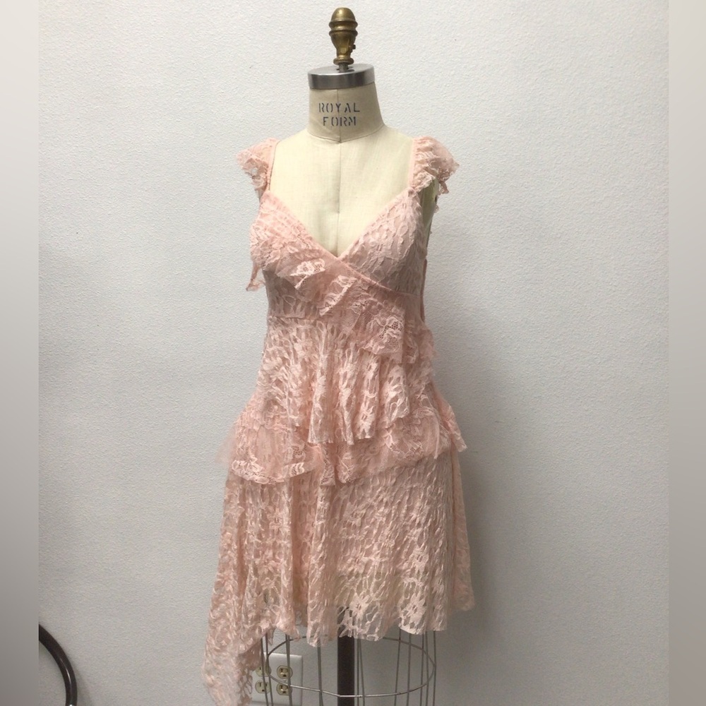 Zara Pink Lace Ruffle V Neck Dress